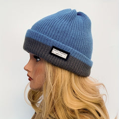 Warm Knit Beanie Hat Patch Block Design Casual Skull Cap