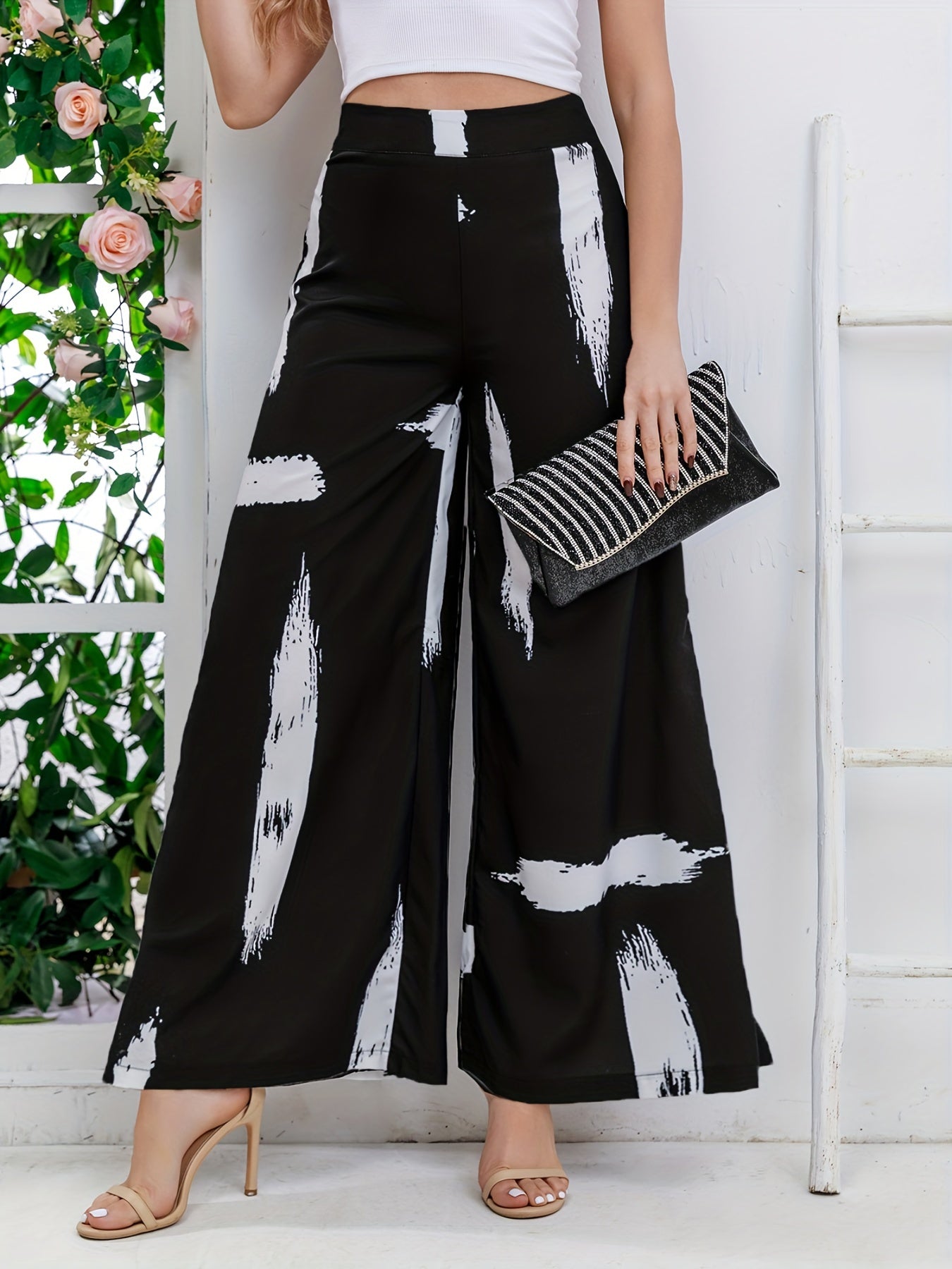 Random Print Wide Leg Pants High Waist Casual