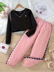 Girls Pink Daisy Flower Top & Trousers Set for Spring Fall