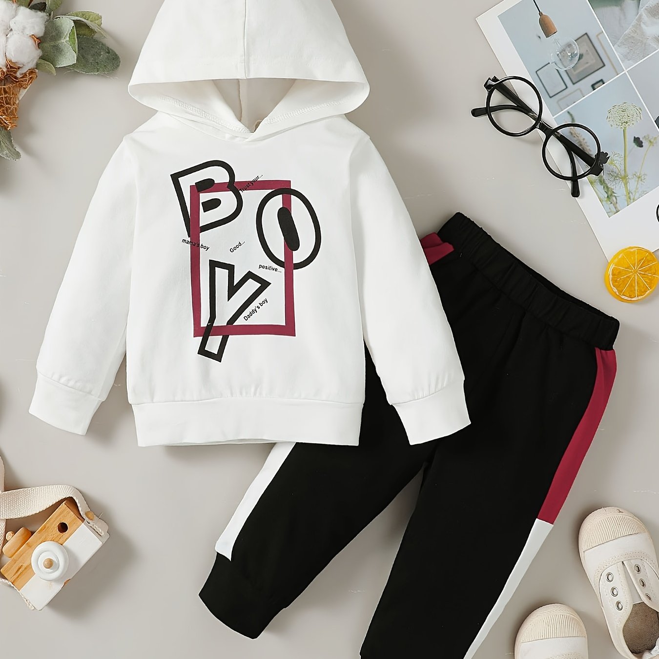 Boys Letter Outfit Long Pants & Hooded Sweatshirt Casual Kids Clothes