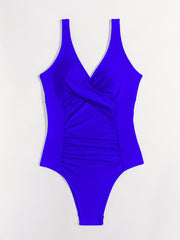 Ruched One Piece Swimsuit V Neck Backless Bathing Suit Women's Swimwear