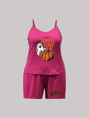 Halloween Pajama Set Women's Plus Ghost & Pumpkin Print Top & Shorts
