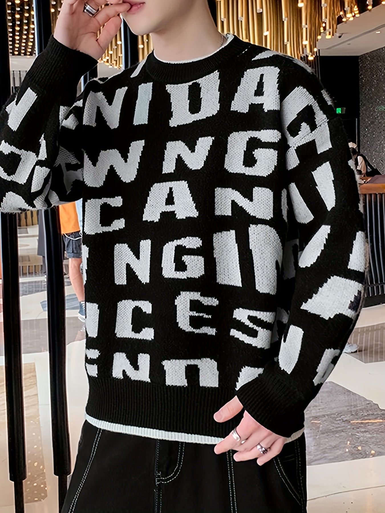 Knitted Letter Print Sweater Men's Casual Round Neck Pullover Sweater