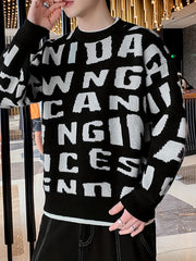 Knitted Letter Print Sweater Men's Casual Round Neck Pullover Sweater