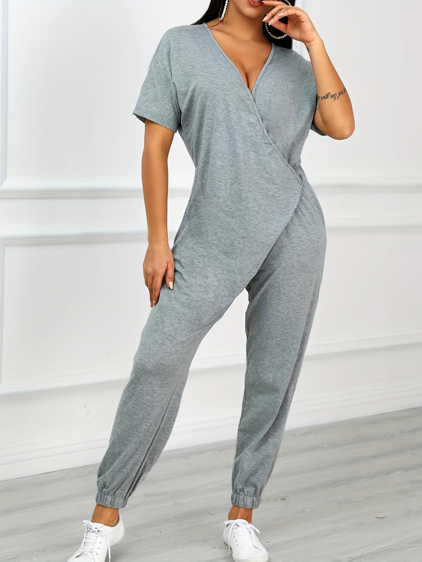 Casual Surplice Neck Jumpsuit Short Sleeve Elastic Bottom