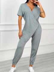 Casual Surplice Neck Jumpsuit Short Sleeve Elastic Bottom