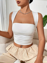 Ruched Square Crop Tank Top Solid Sleeveless for Summer