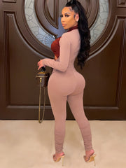 Solid Block Long Sleeve Bodycon Jumpsuit Hollow Jumpsuit