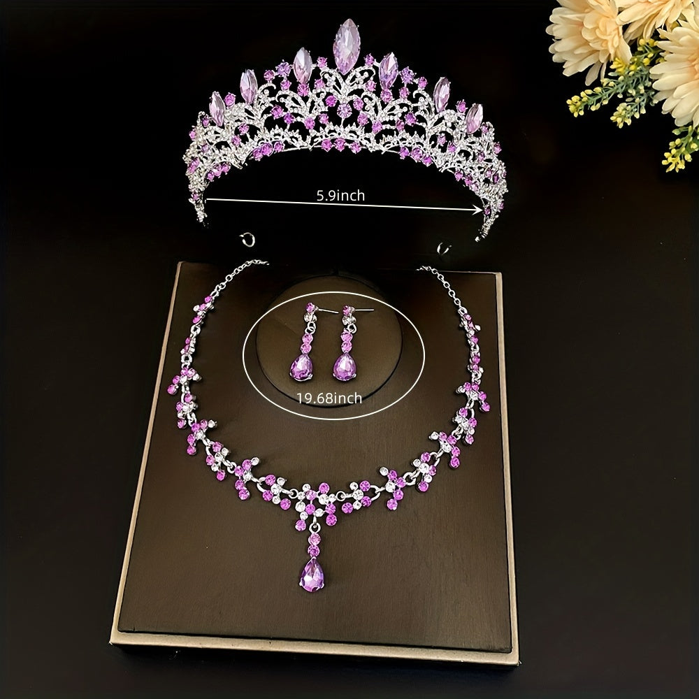 3pcs Bridal Crown Necklace Earrings Set Wedding Accessories