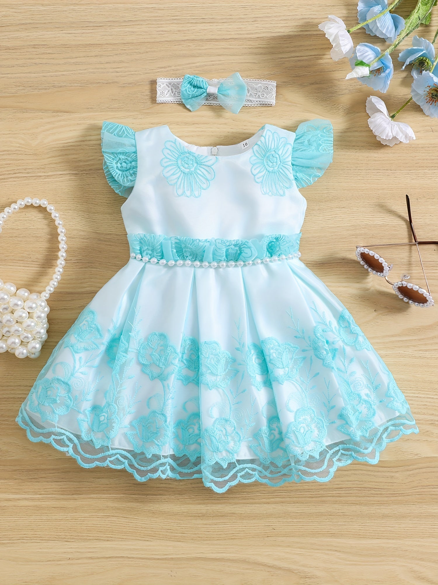2pcs Baby Girls Embroidered Flowers Ruffled Sleeves Mesh Dress Princess Dresses