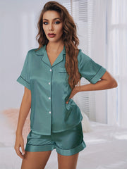 Satin Pajama Set Short Sleeve Top & Shorts Women's Sleepwear