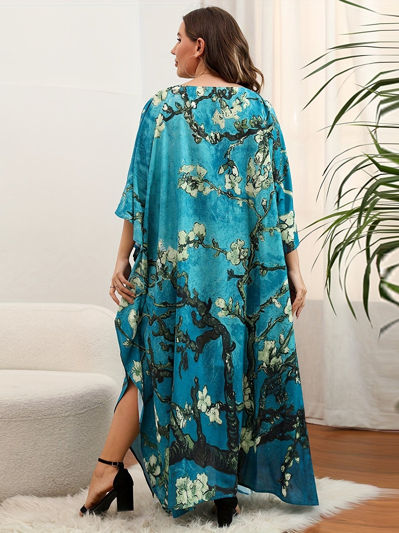 Boho Cover Up Dress Women's Plus Floral Print Bat Sleeve