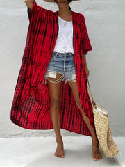 Striped Print Loose Fit Cover Up Shirt Long Sleeve Rash Guard V Neck