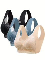 3pcs Contrast Lace Wireless Bras Full Coverage Comfy & Breathable