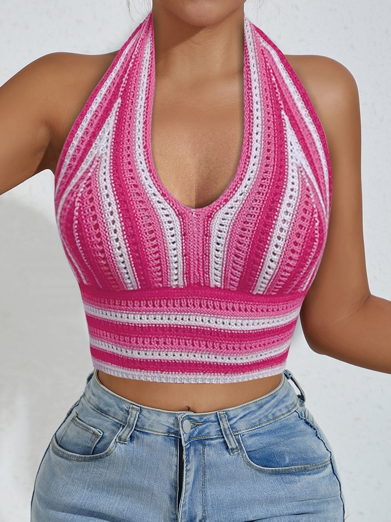 Striped Halter Crop Top Sleeveless Women's Clothing