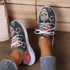 Women's Halloween Skull & Rose Printed Knit Sneakers
