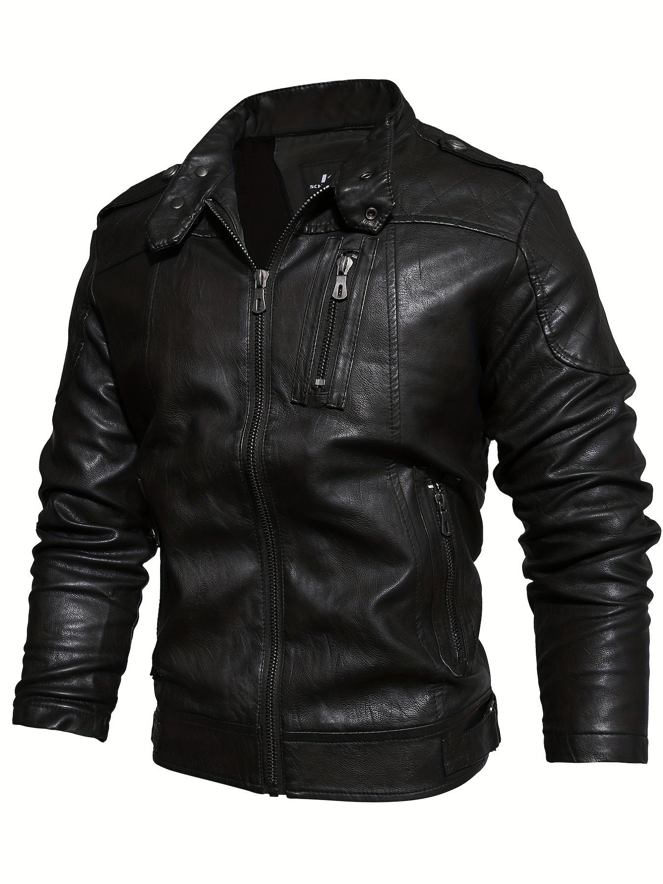 PU Biker Jacket Men's Casual Zipper Pockets Stand Collar Faux Leather Jacket