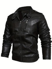 PU Biker Jacket Men's Casual Zipper Pockets Stand Collar Faux Leather Jacket