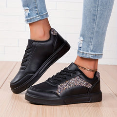 Glitter Faux Leather Skate Shoes Sequin Decor Non Slip Flat Sneakers