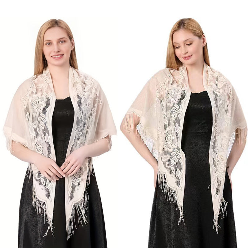 Flower Embroidery Triangle Scarf Tassel Shawl Boho Head Wraps