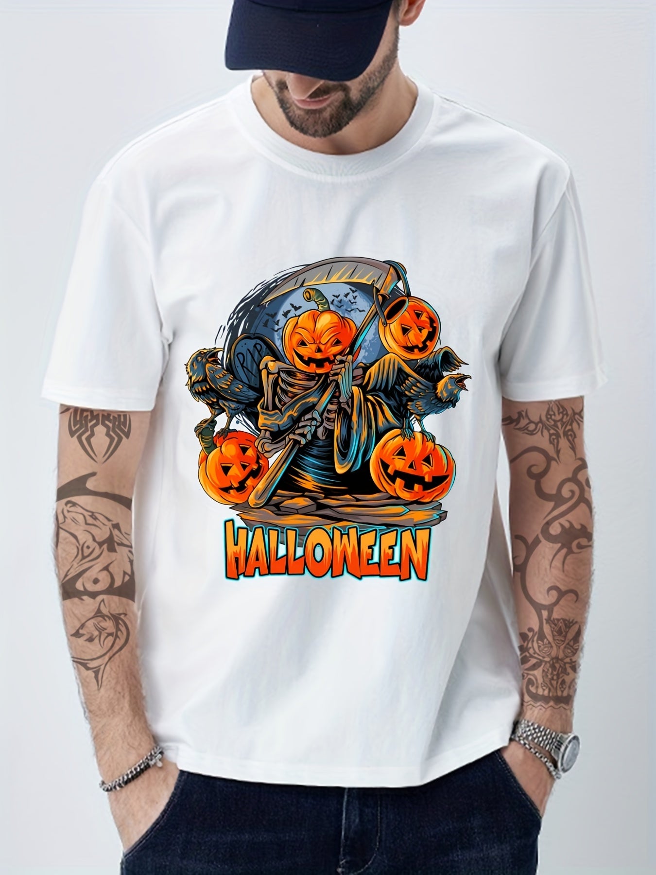 Pumpkin Print Men's Graphic Crew Neck T shirt Casual Comfy Tees