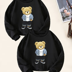 2pcs Bear Print Boys Casual Pullover Sweatshirt Long Sleeve Tops