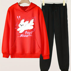2pcs Puppy Print Hooded Outfit For Girls Hoodie & Pants Set