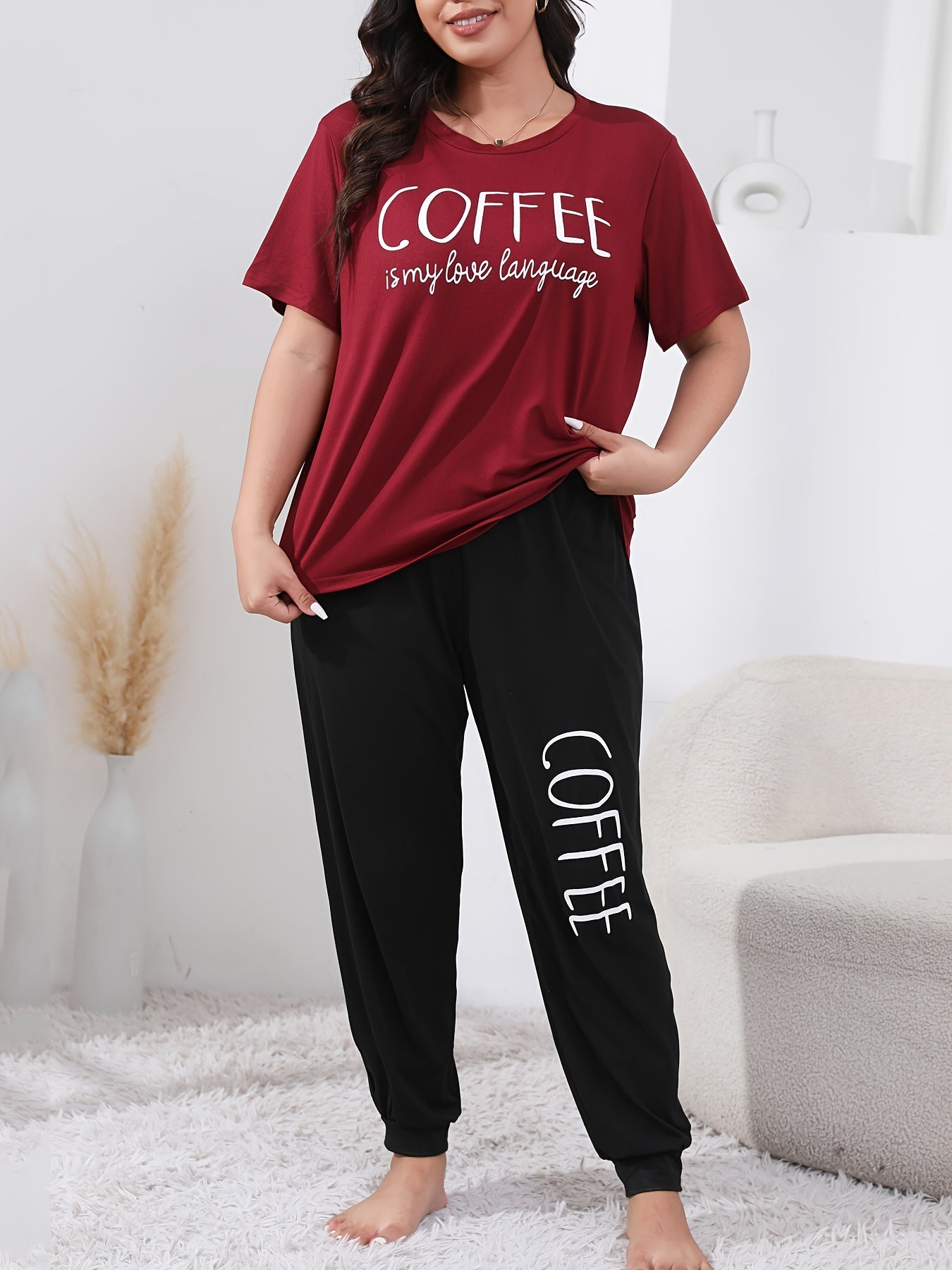 Casual Loungewear Set Women's Plus Letter Print Tee & Joggers