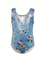 Girls Panda Graphic Gymnastics Suit, Sleeveless Training