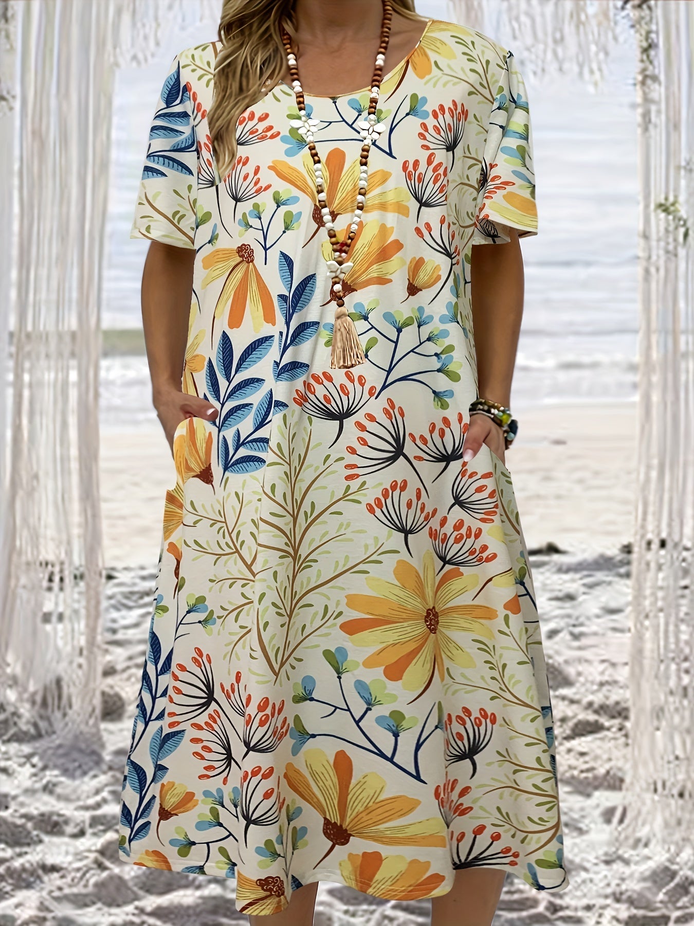Retro Dress Women's Plus Floral Print Short Sleeve Dress
