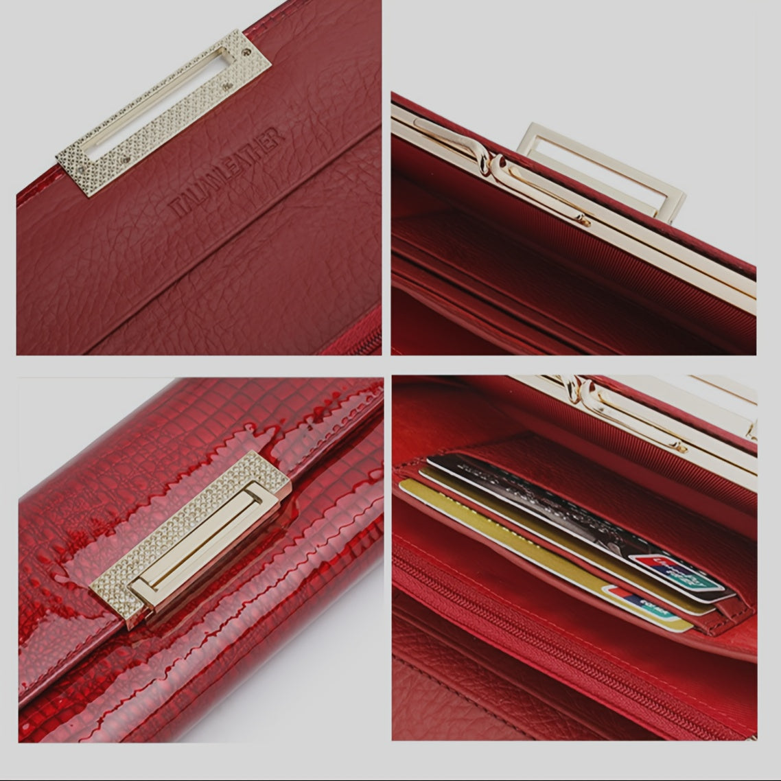 Red Patent Leather Long Clutch Purse Crocodile Texture Card Slots Golden Clasp