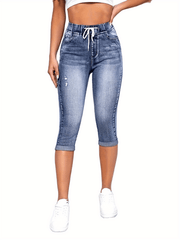 Slim Fit Capris Denim Jeans Drawstring Elastic Waist High Stretch Denim Pants