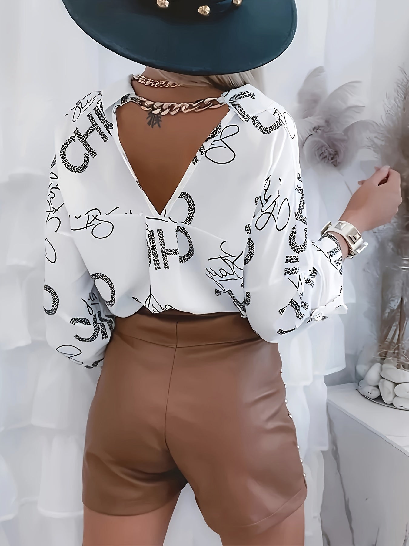 Casual Blouse Women's Plus Letter Print Button Up Roll