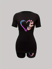 2pcs Tee & Biker Shorts Set Slit Sleeve Casual T Shirt & Biker Shorts