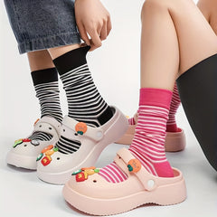 3 Pairs Striped Crew Socks for Women Comfy & Breathable Stockings