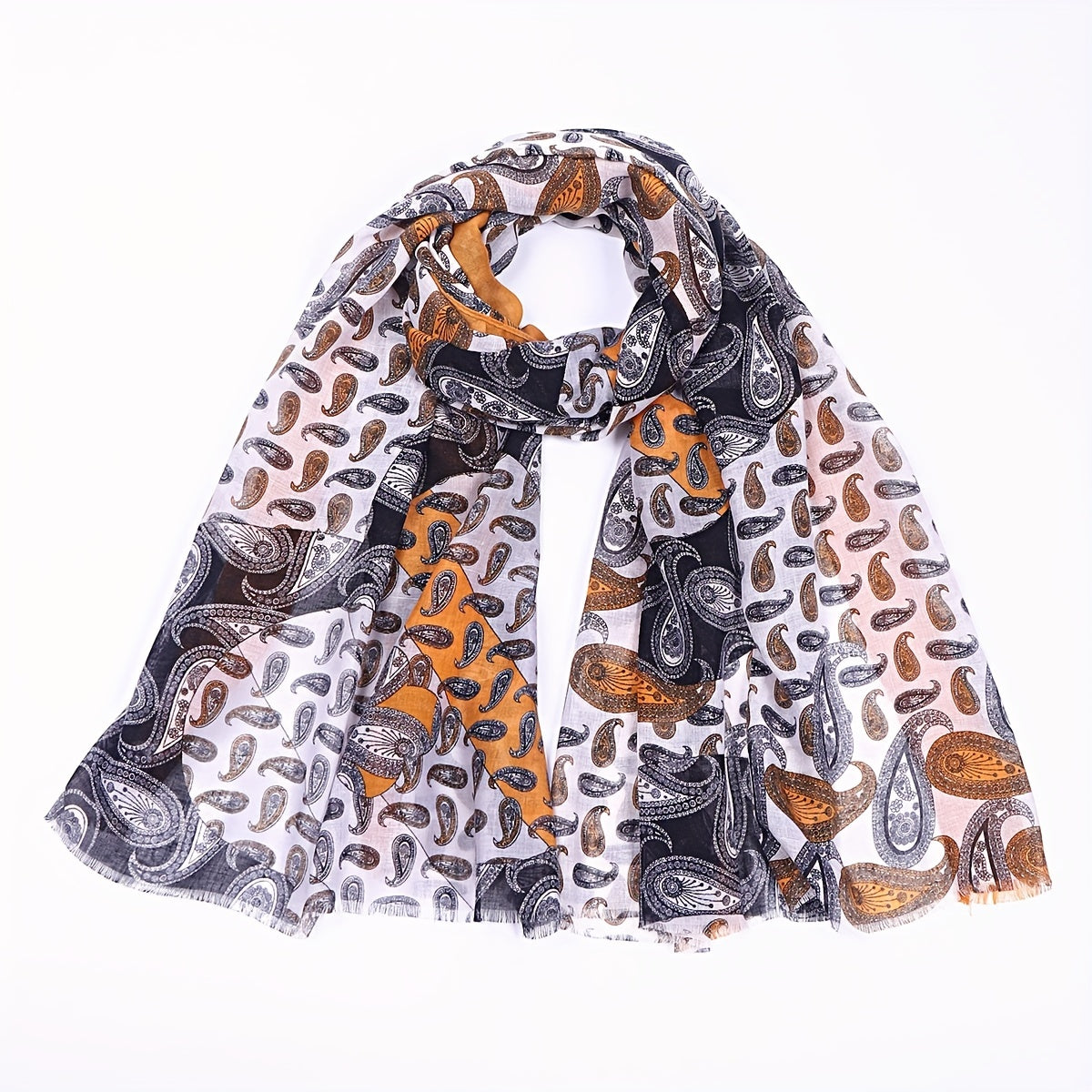 Boho Paisley Print Scarf Block Vintage Raw Edge Shawl