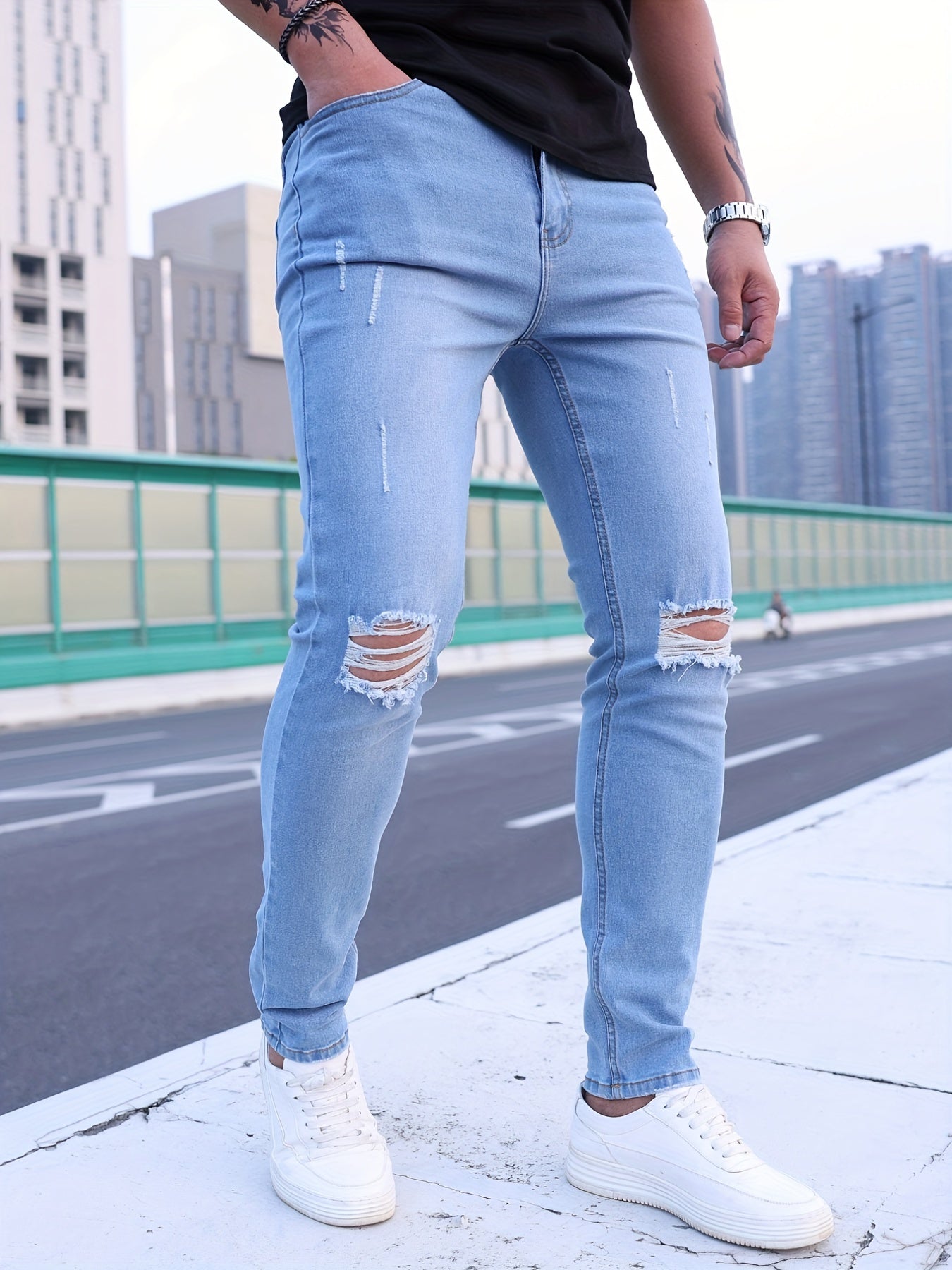 Ripped Slim Fit Jeans Men s Casual Street Style Denim Pants