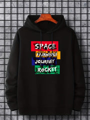 Space Rocket Letter Print Hoodie Men's Casual Graphic Pullover Hooded Sweatshirt