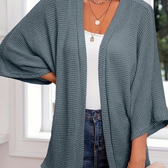 Casual Cardigan Women's Plus Solid Waffle Knit Open Front Cardigan