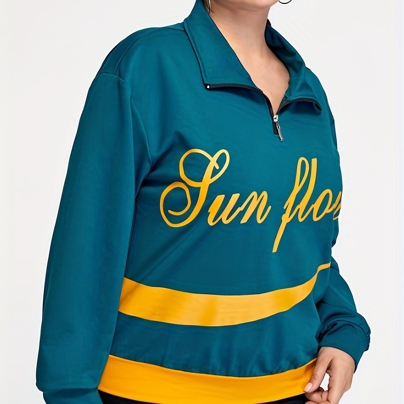 Women's Plus Size Retro Sports Top - Letter Print Long Sleeve Zipper Collar Top