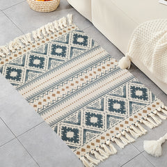 Boho Handwoven Linen Area Rug With Tassels Absorbent Bath Rug