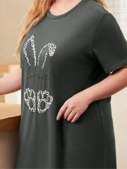 Rabbit Graphic Sleep Dress, Short Sleeve Casual Lounge Dress