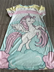 Girl's Rainbow & Flying Pony Dress Short Sleeve Crew Neck Princess Dress
