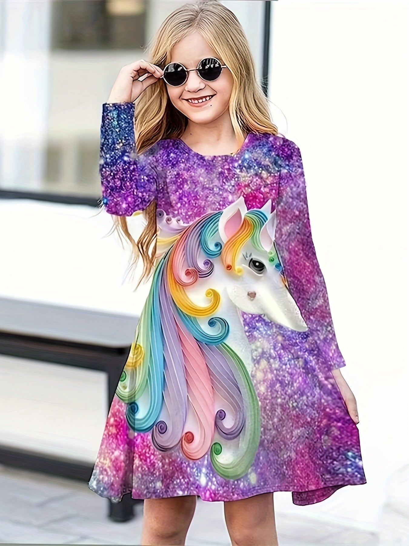 Shining Unicorn Graphic Long Sleeve Dress for Girls