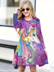 Shining Unicorn Graphic Long Sleeve Dress for Girls