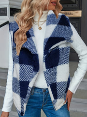 Gingham Print Open Front Vest Coat