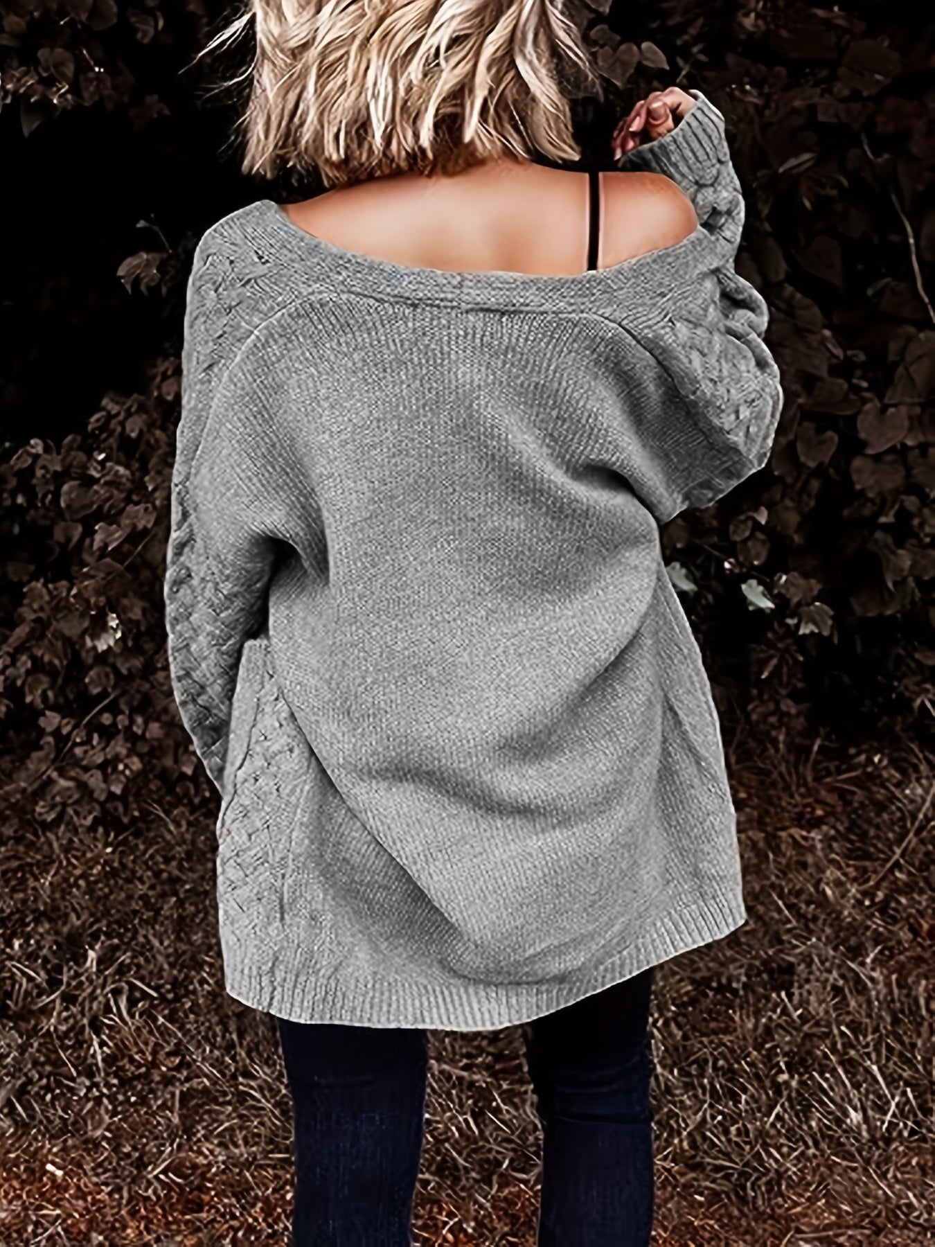 Solid Textured Pointelle Long Sleeve Knit Cardigan