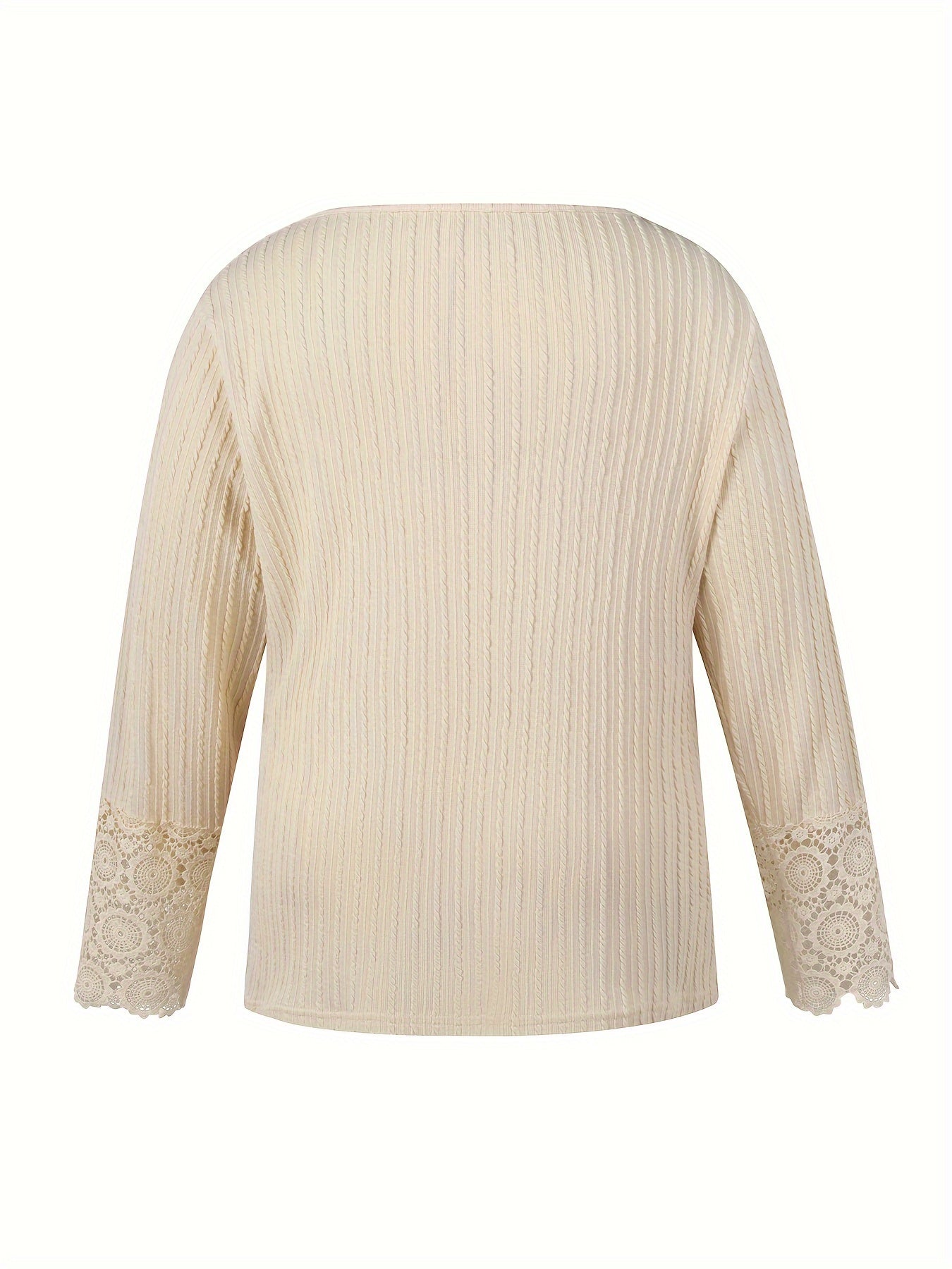Cable Knit Lace Sleeve Top Irregular Neck Medium Stretch