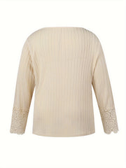 Cable Knit Lace Sleeve Top Irregular Neck Medium Stretch
