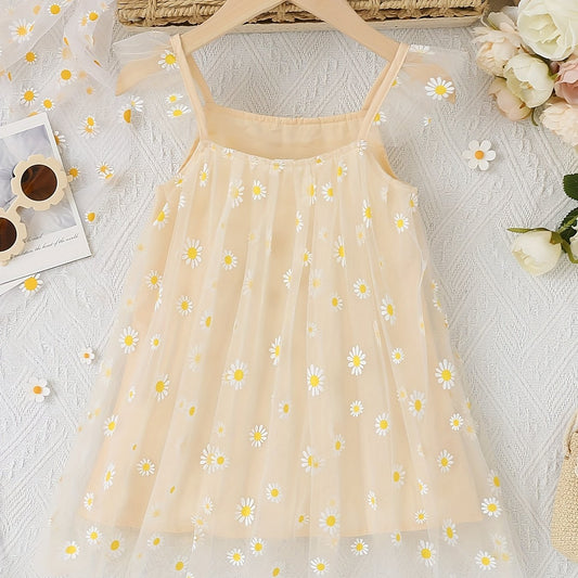 Girls' Daisy Flowers Print Tulle Cami Dress Summer Outfit
